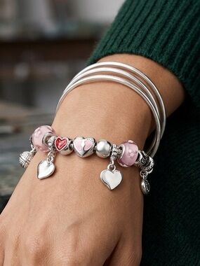 🆕 Pandora Style Pink Bead Silver Charm Bracelet Heart Accents
